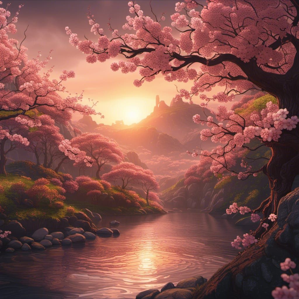 Cherry Blossoms at Sunset: Detailed Matte Painting