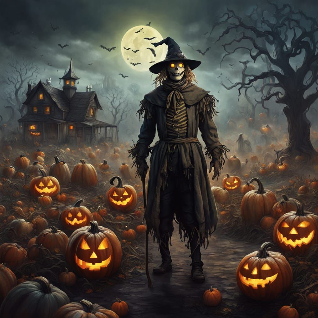 Haunted Pumpkin Patch Scarecrow in Dramatic Digital Art