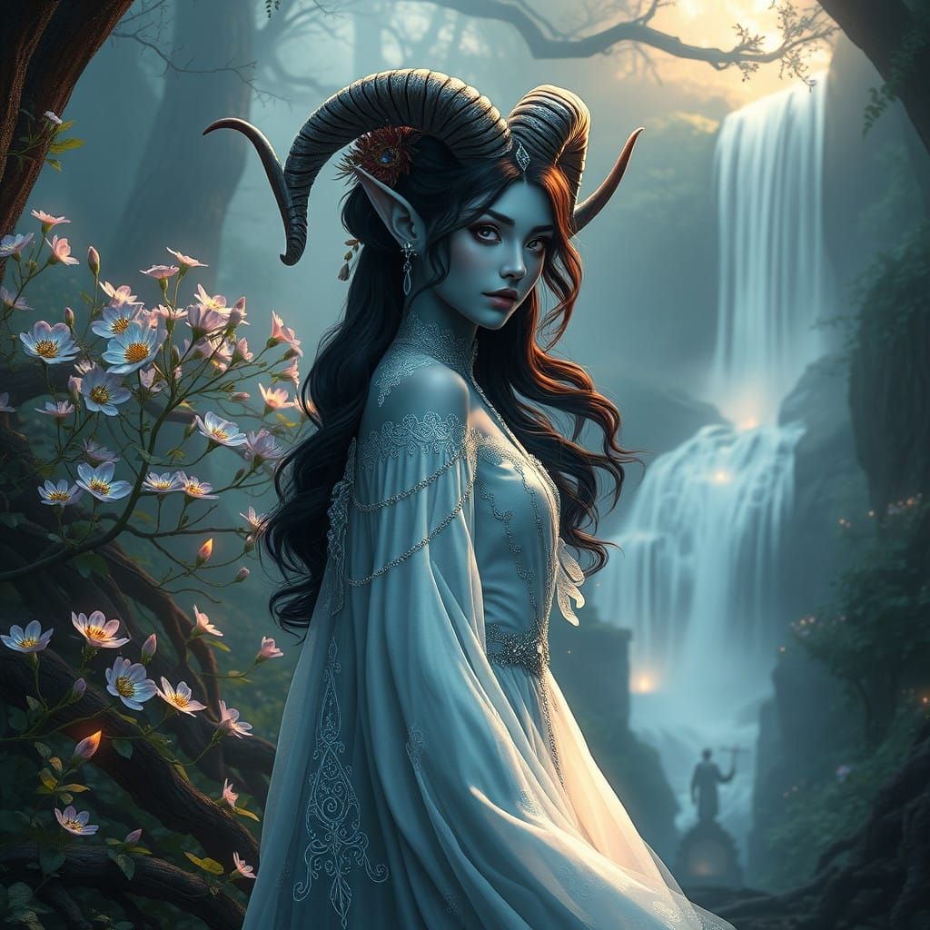 Ethereal Teifling in Whimsical, Misty Forest Scene