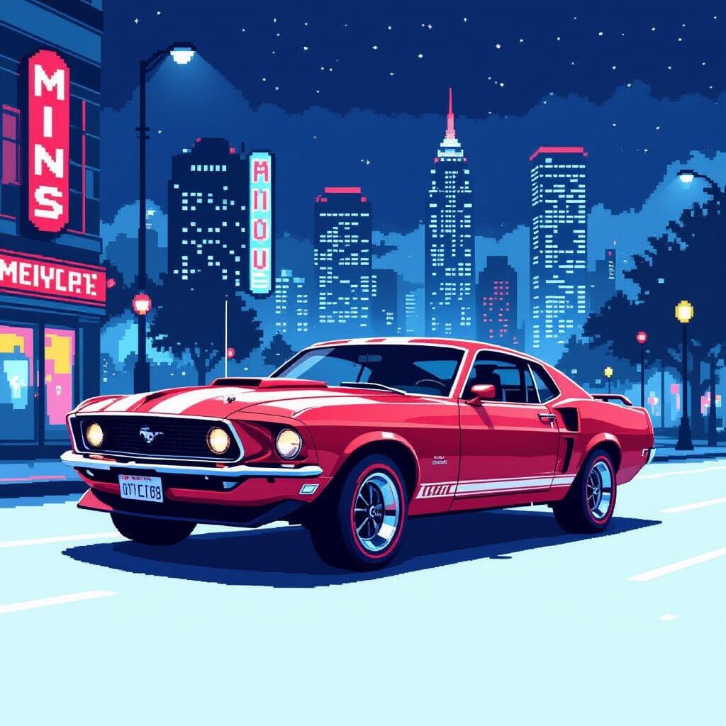 Red 1969 Ford Mustang Pixel Art on Neon Street