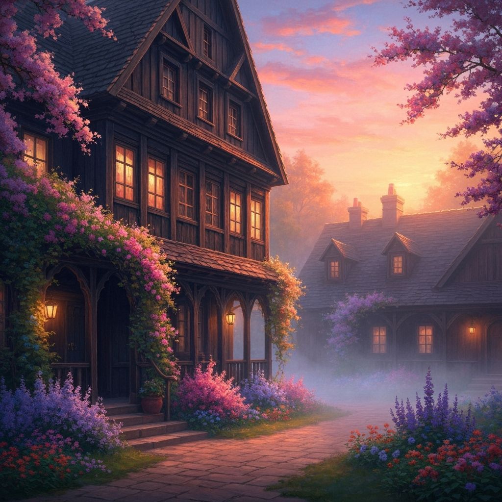 Austrian Village Sunset with Flowers, Kinkade Style