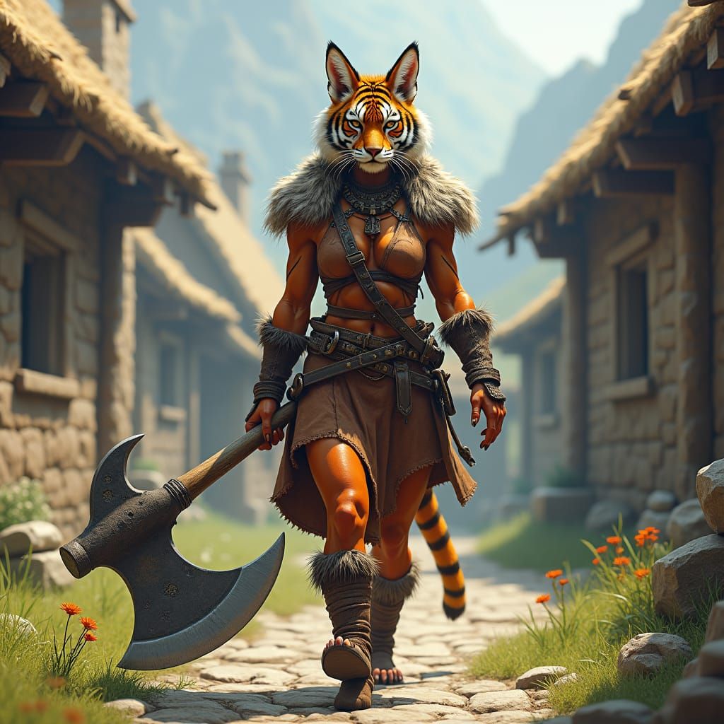 Tabaxi Barbarian Leaving Medieval Village in Hyper-Realism