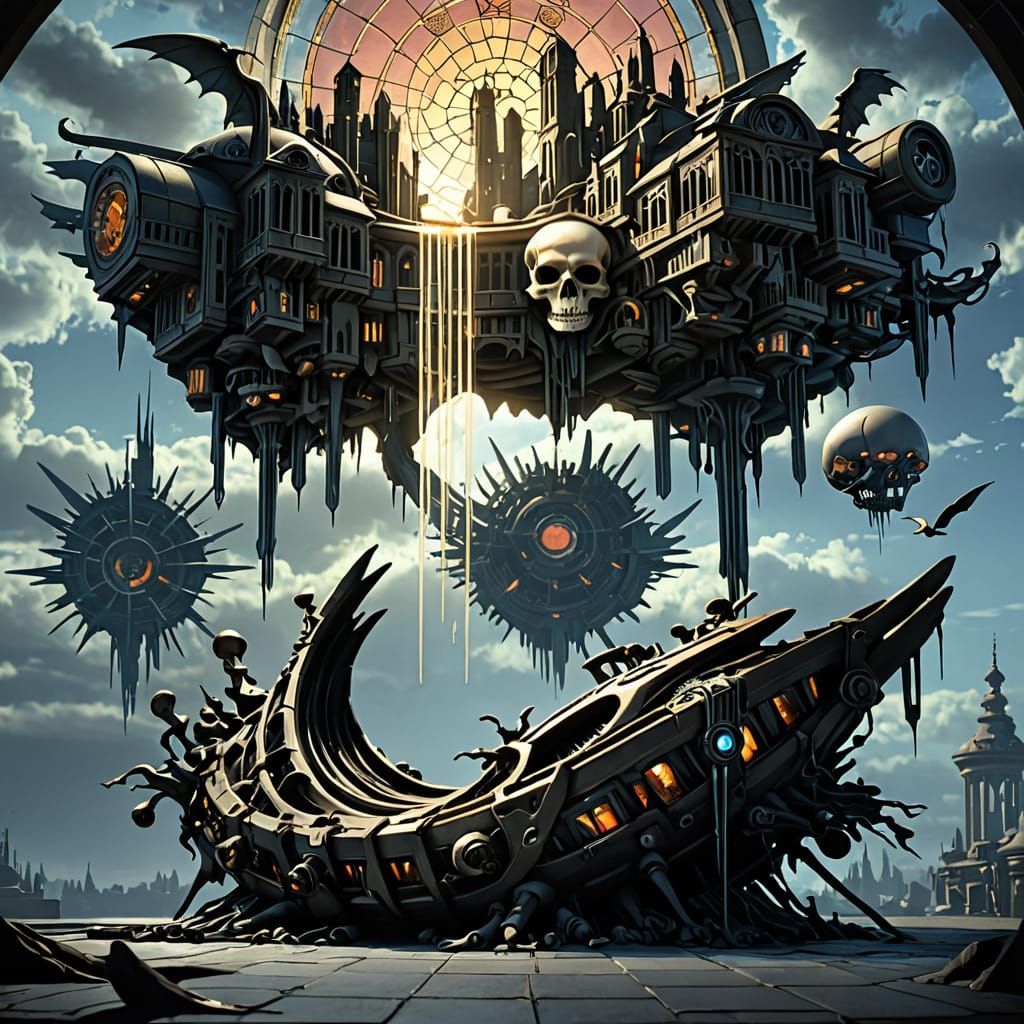 Detailed Skull on Velvet Cushion with Retro-Futuristic Citys...