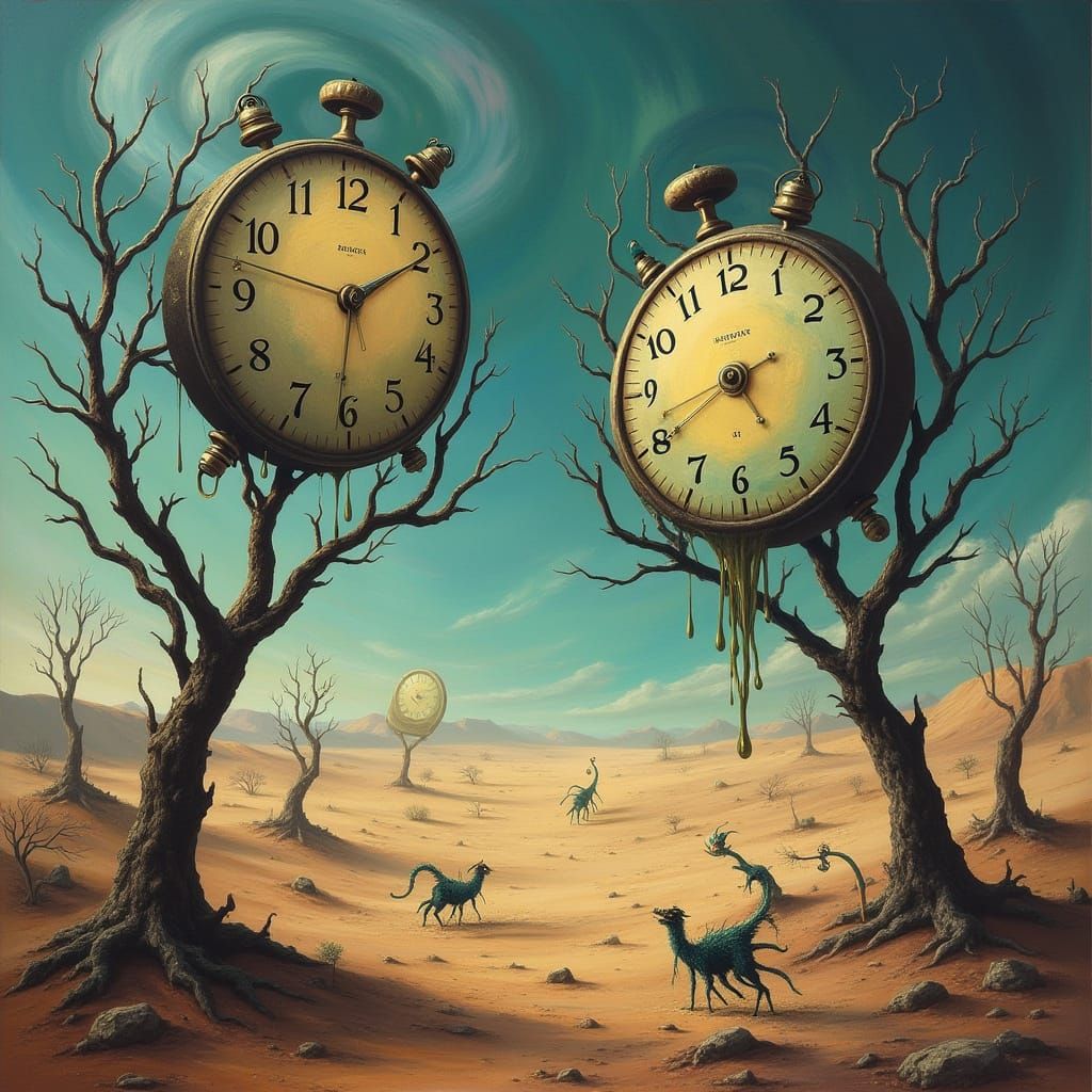 Surreal Dreamscapes: Melting Clocks in a Barren Desert