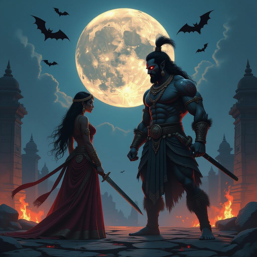 Mythical Warriors Battle Demon Under Moon in Digital Art