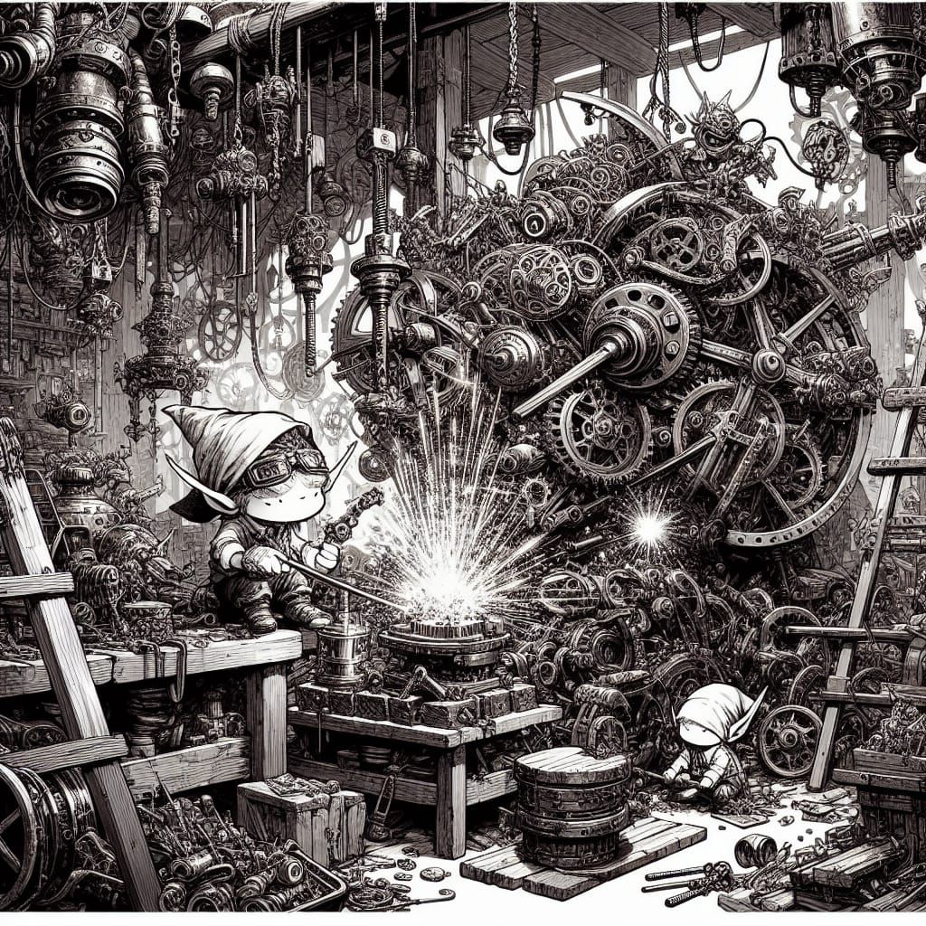 Goblin Inventor's Steampunk Workshop: Detailed Ink Illustrat...