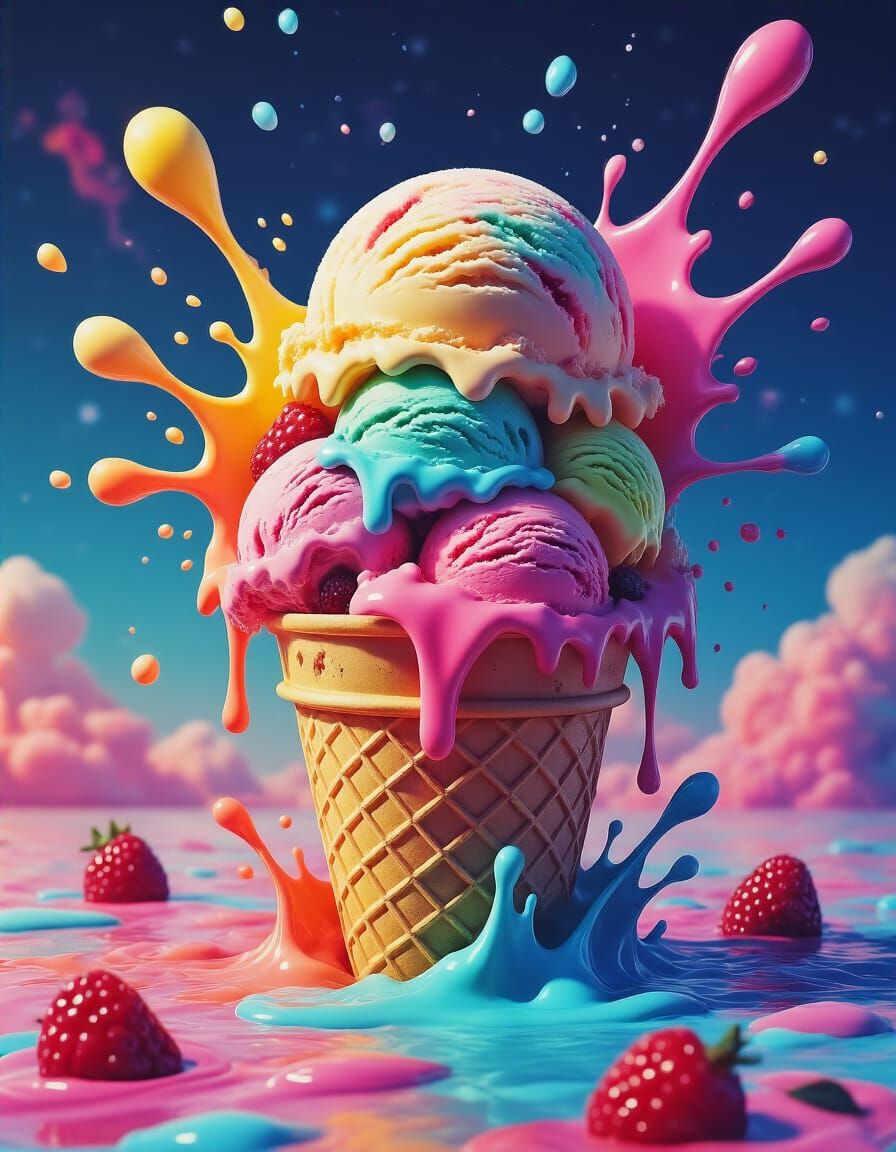 Surreal Fruity Ice Cream Explosion in Neon Style