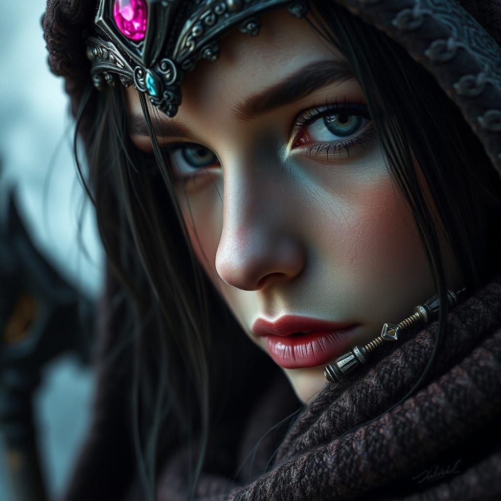 Hyperrealistic Medieval Sorceress Portrait in Charcoal and I...