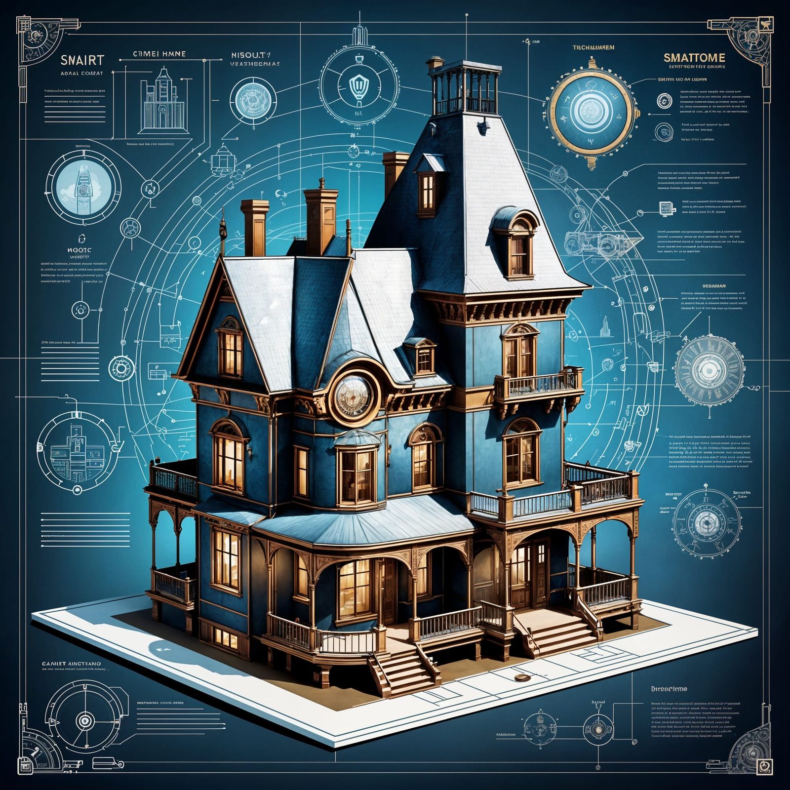 Steampunk Smart Home Technical Blueprint in Victorian Aesthe...