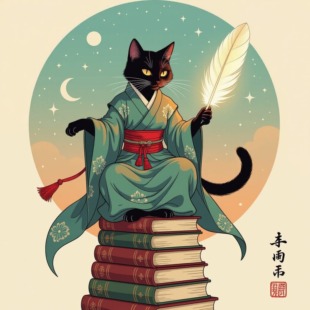 Ethereal Cat on Books in Sumi-e Style with Magic Feather