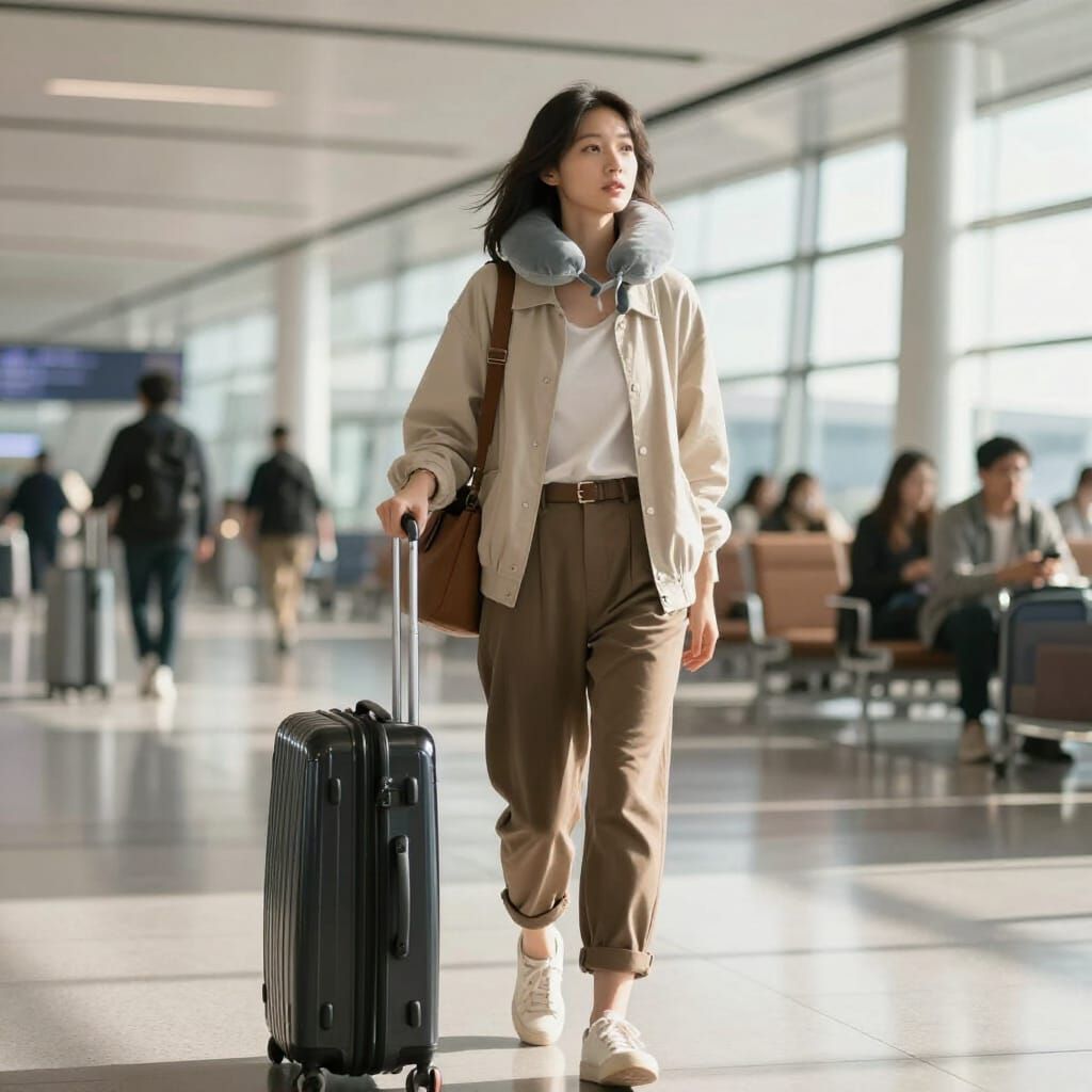 Woman with Carry-On at Modern Airport Terminal