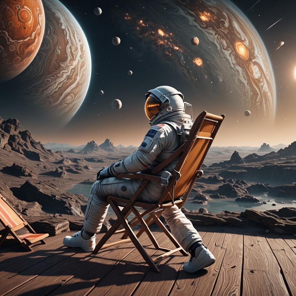 Astronaut Observes Jupiter: Detailed Matte Painting