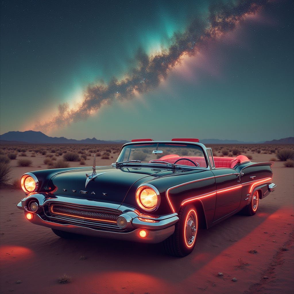 Retro-Futuristic Biomechanical Car in Cosmic Desert