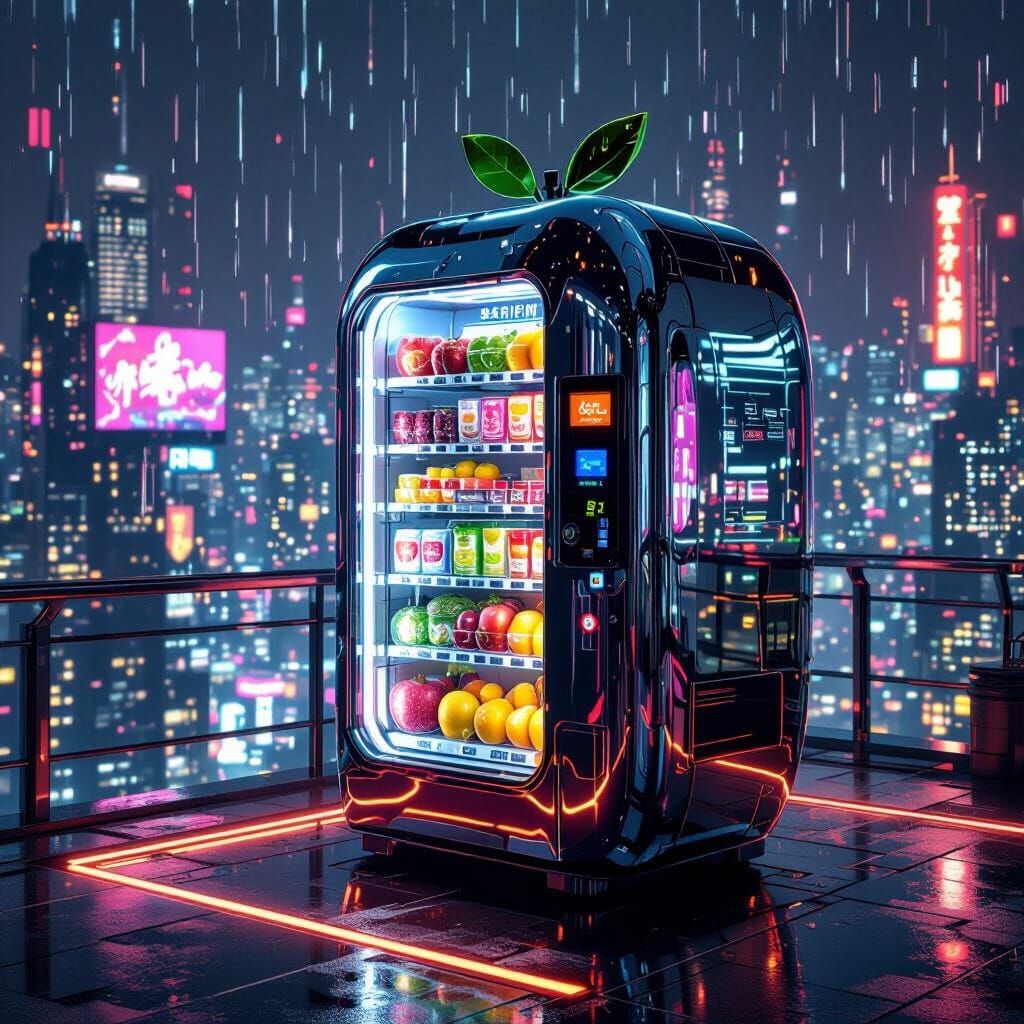 Cyberpunk Apple Vending Machine Dispensing Bioluminescent Fr...