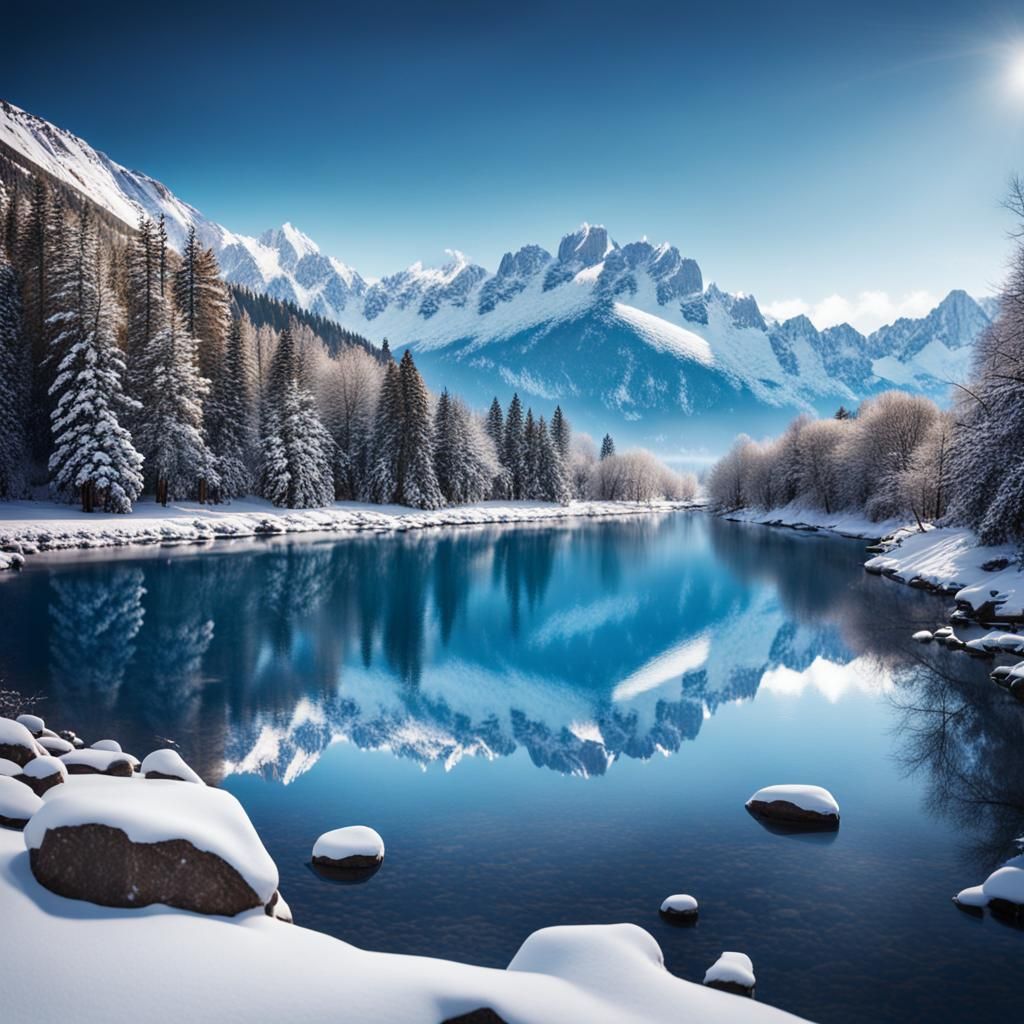 Blue Lake and Snowy Mountains Photography