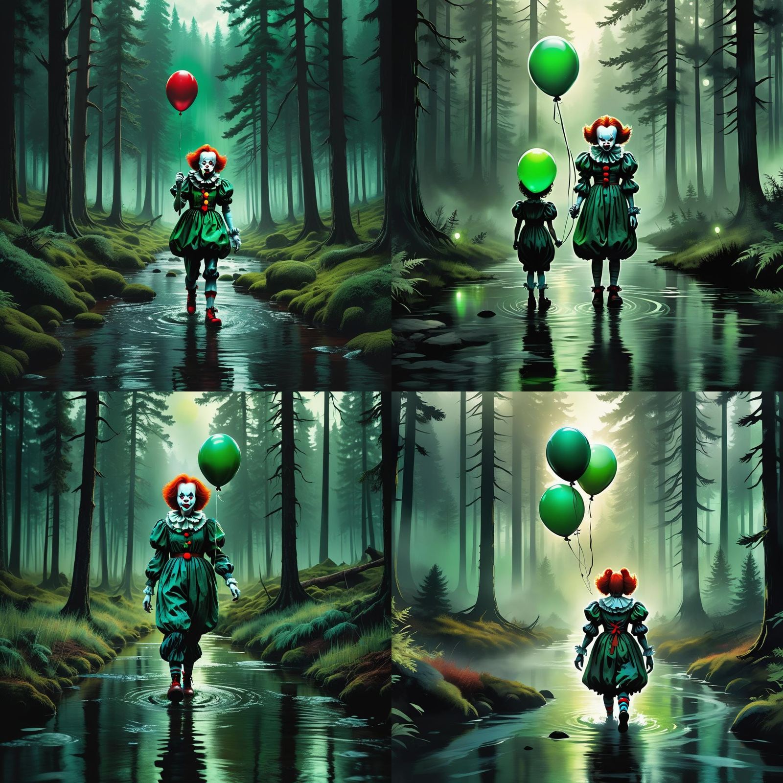 Female Pennywise in Pine Forest, Detailed Matte Painting
