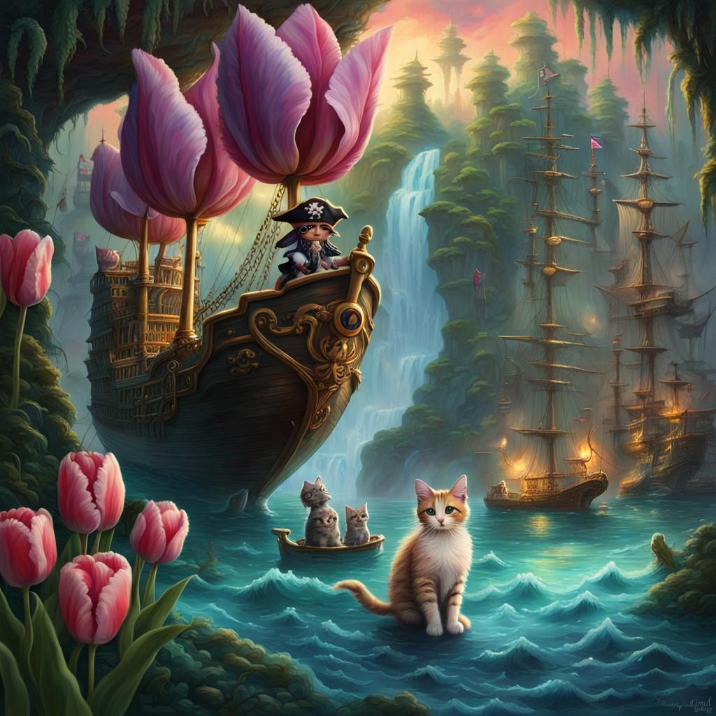 Iridescent Tulip With Pirate Kittens in Ship