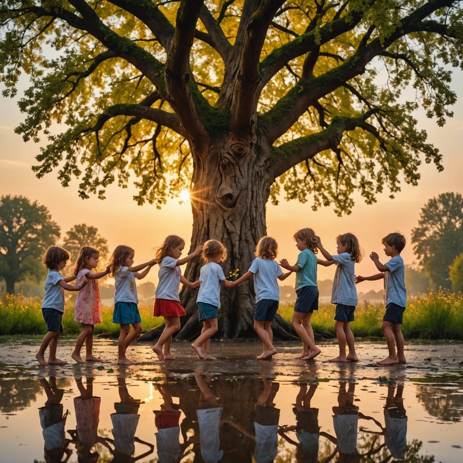 Children Dancing Barefoot Around the Tree of Life