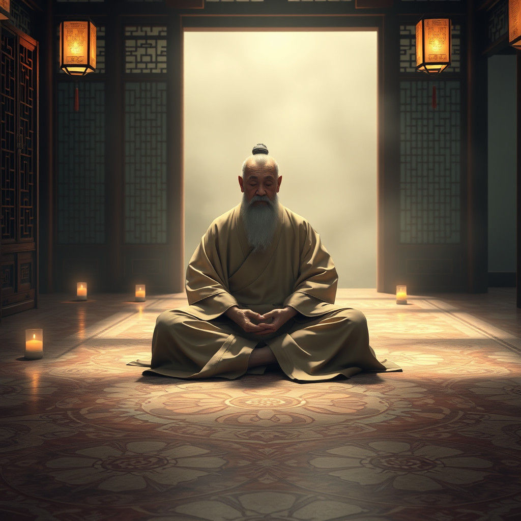 Meditating Chinese Sage in Candlelight, Ghibli Style