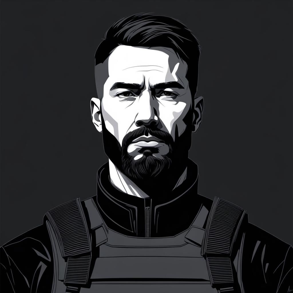 Minimalist Line Art Soldier Portrait in Black Military Vest