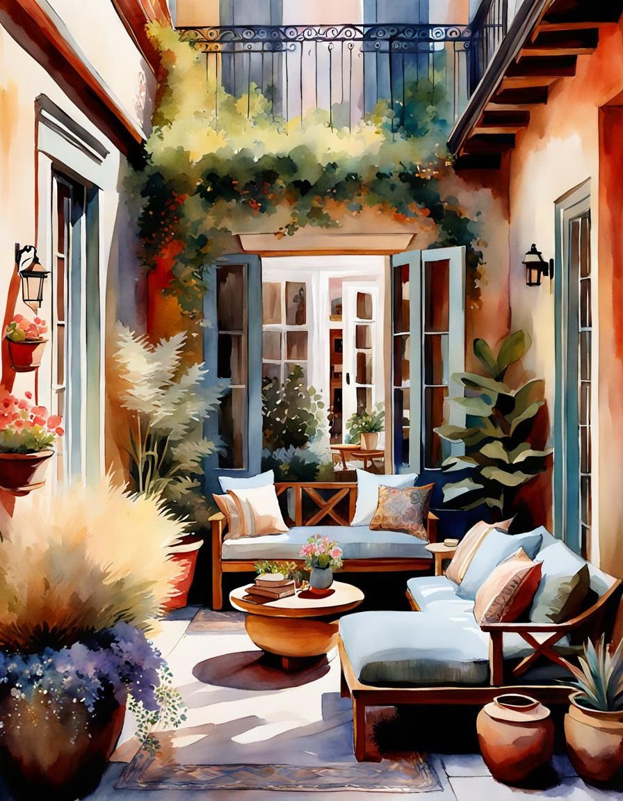 Cozy Hygge Courtyard in Watercolor Sketch Style