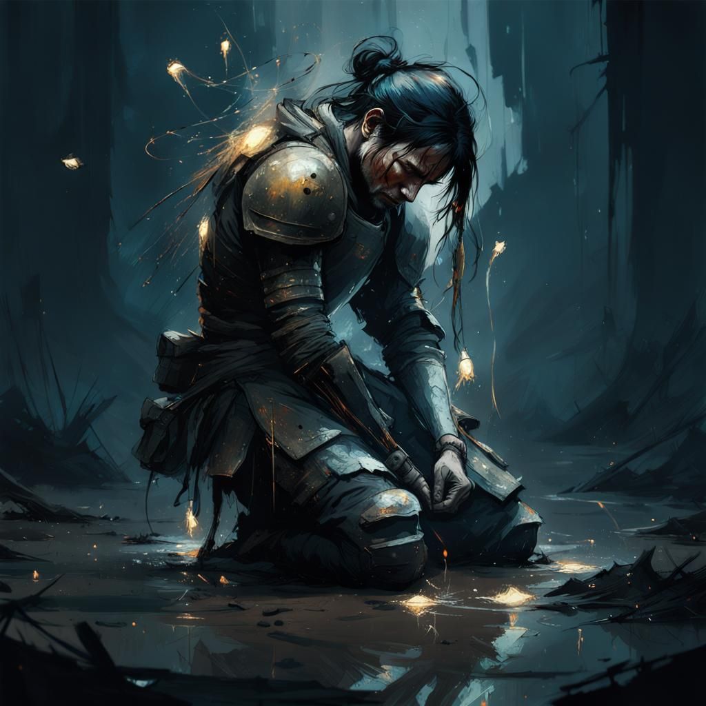 Defeated Warrior in Mud with Firefly Lights