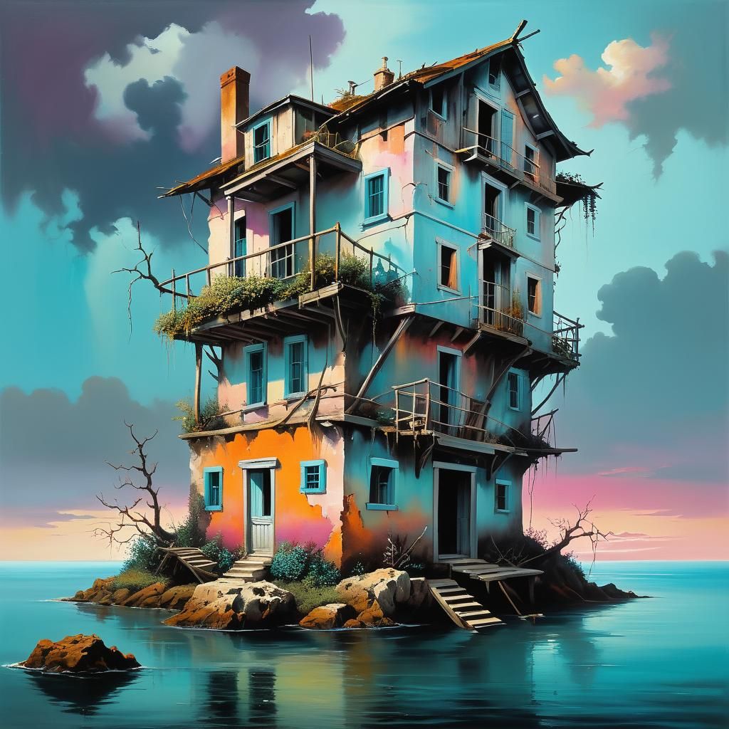 A multi-storey rickety old house on a tiny island in the mid...