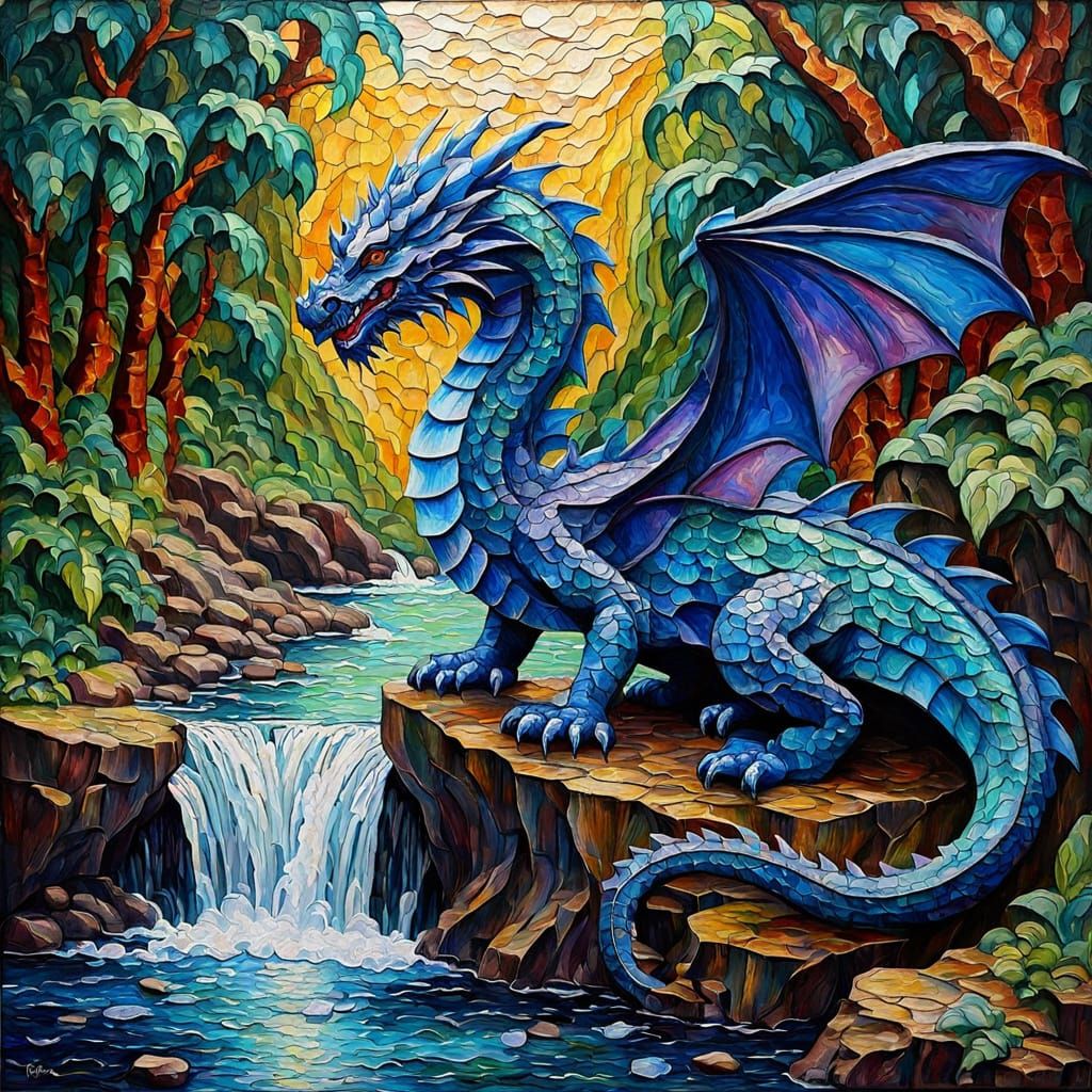 Dragon in Vibrant Neo-Impressionist Oil Painting near a Wate...