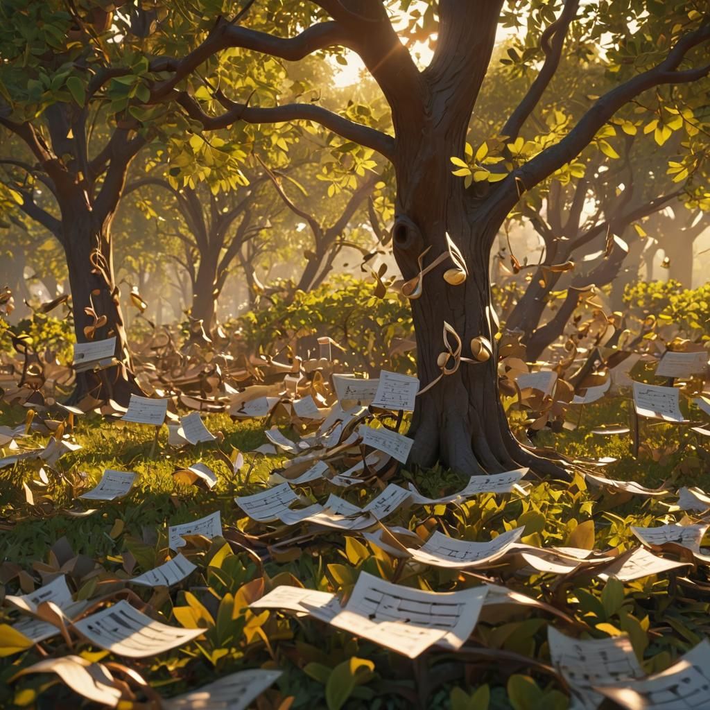 Musical Notes Form Oak Tree in Golden Light