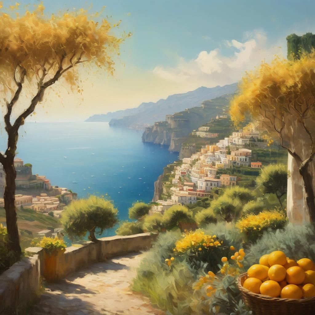 Ancient Amalfi Coast Painting in Italian Renaissance Style