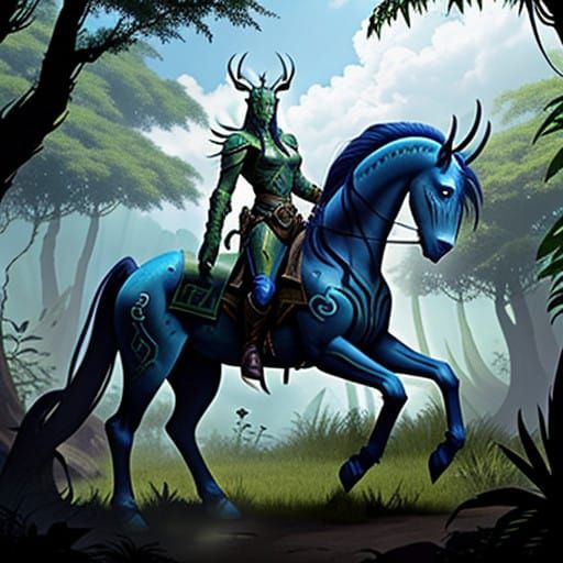 Cyberpunk-Inspired Alien Rider on a Reptilian War Horse