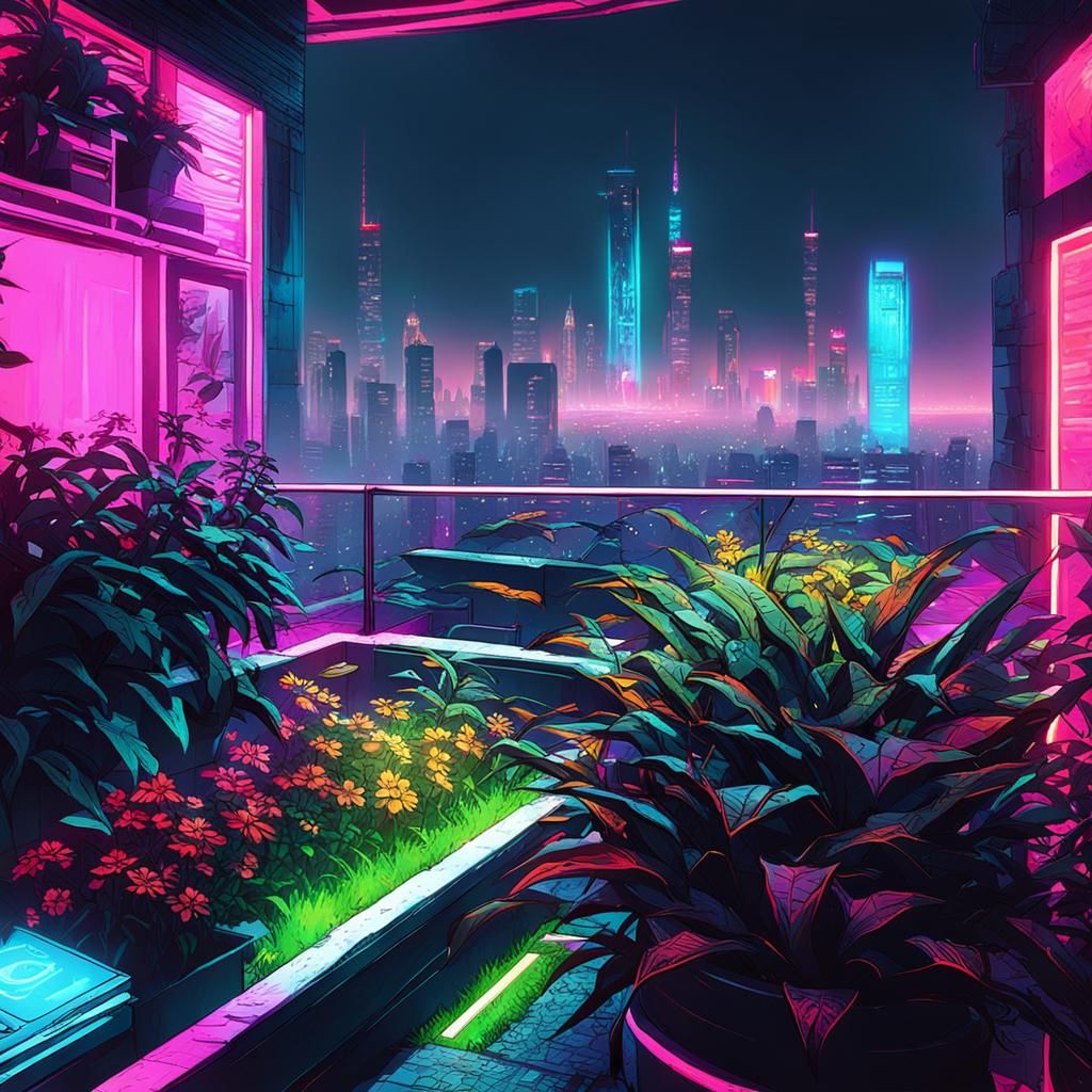 Cyberpunk Garden Penthouse Above Neon City