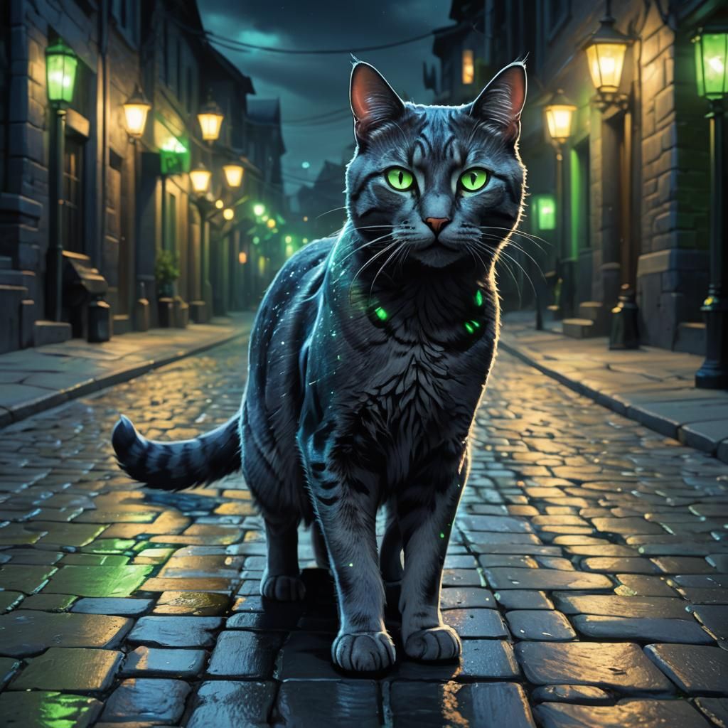 Fantasy Cat with Glowing Eyes in Dark City