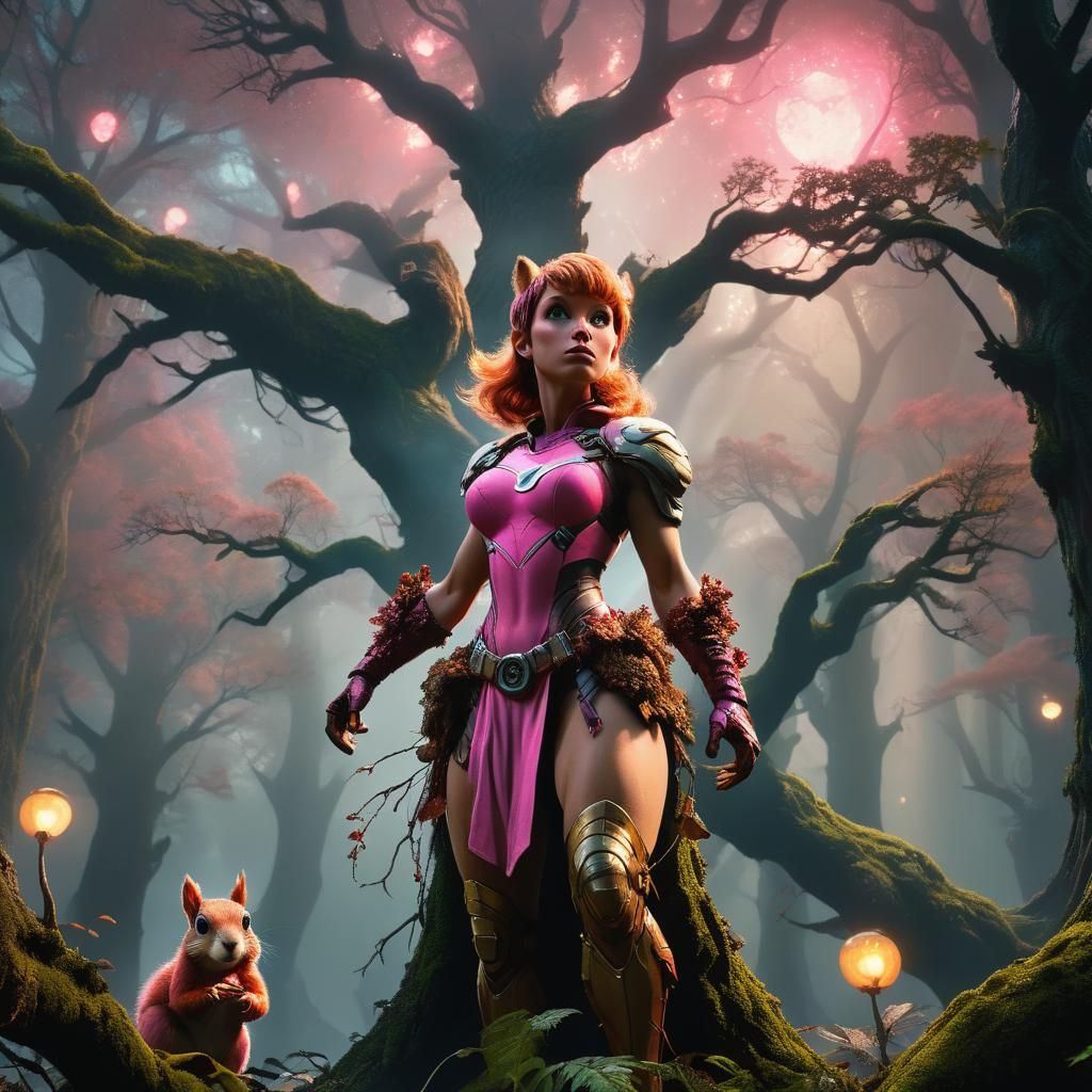Squirrel Girl in Misty Forest, Comic Book Style
