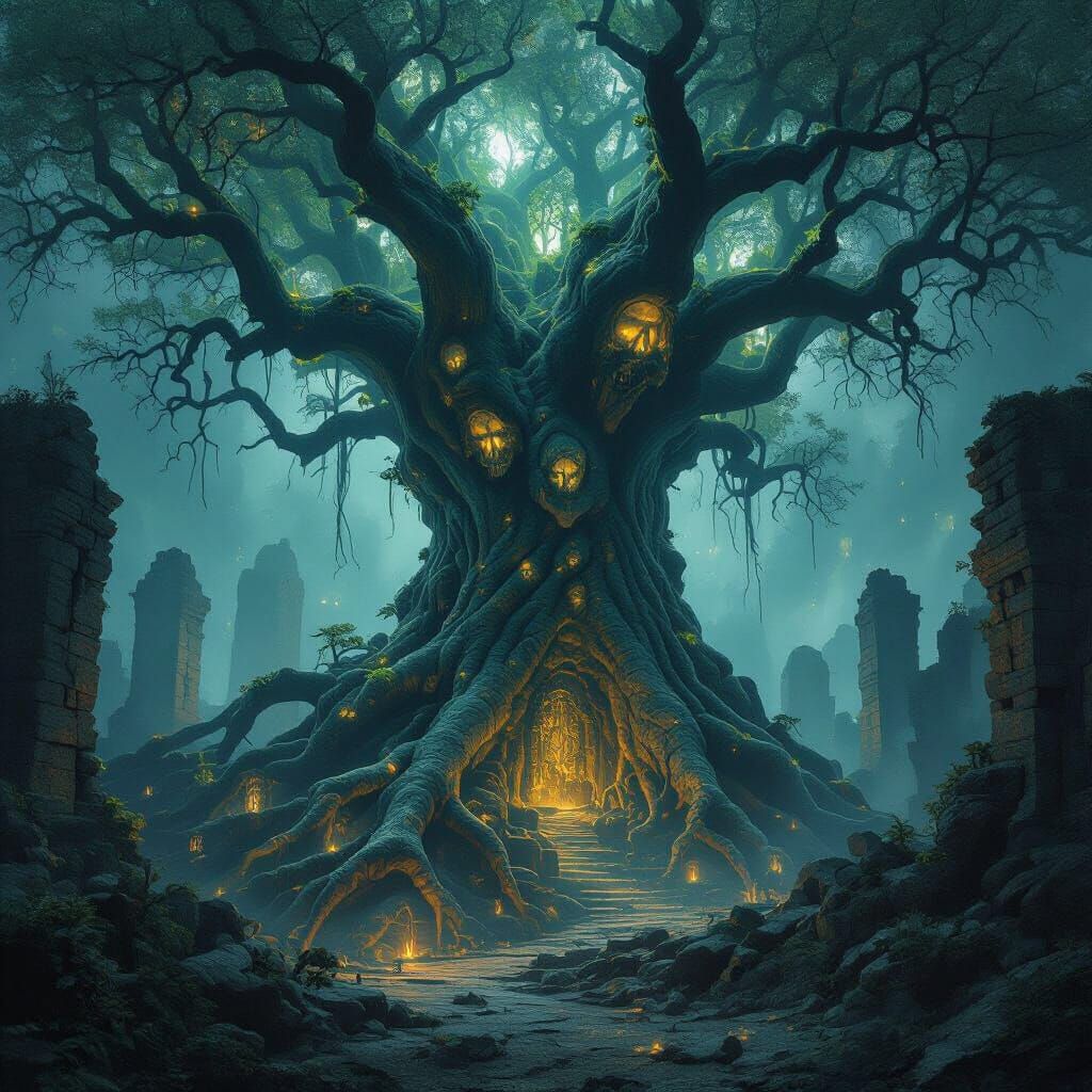 Ancient Serpent Tree Over Forgotten City Ruins