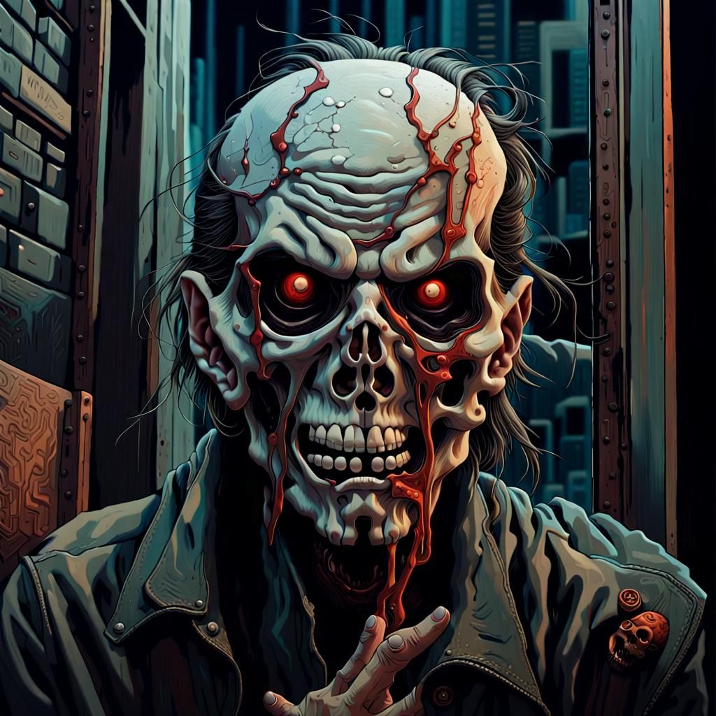 Cyberpunk Skull Man in Hong Kong Street