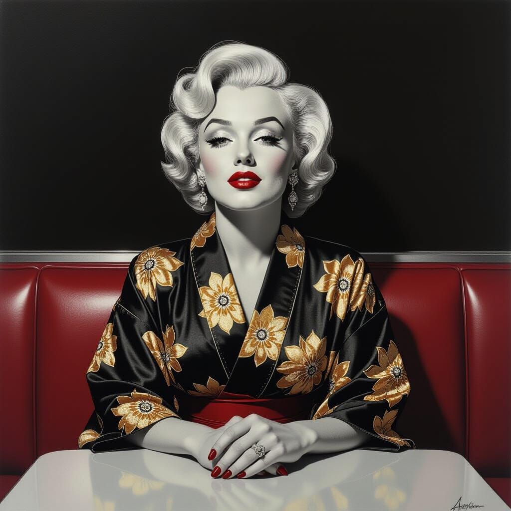Marilyn Monroe in Kimono at Diner: Charcoal Portrait