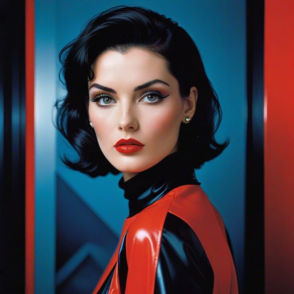 Elegant 80's Diva with Almond Eyes and Bold Red Lips