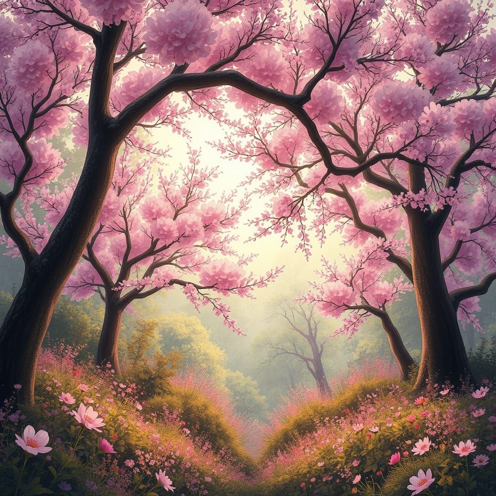 Dreamy Cherry Blossom Fantasy Forest