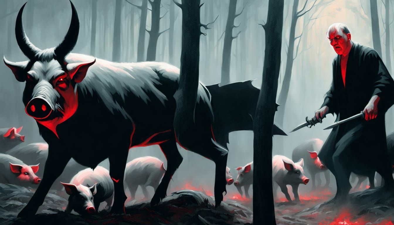 Ominous Dark Fantasy: Pigs and Satan in Forest