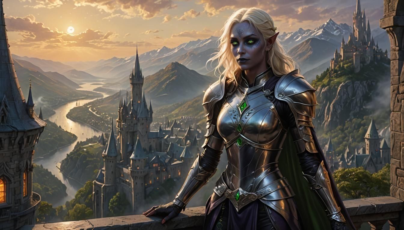 Cute Drow on Tower Balcony in Metallic Armor