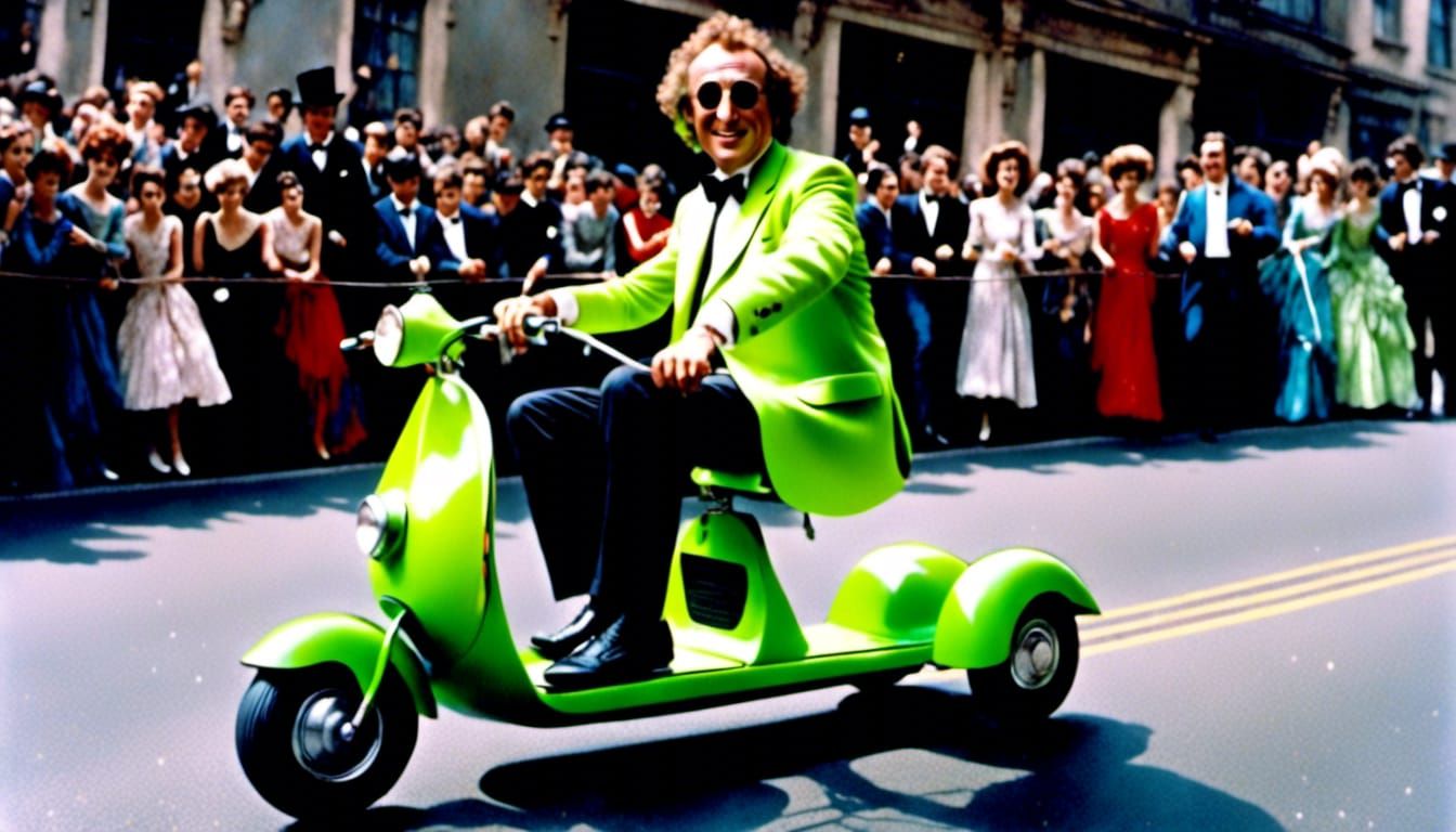 Gene Wilder Rides Scooter in Lime Green Tuxedo