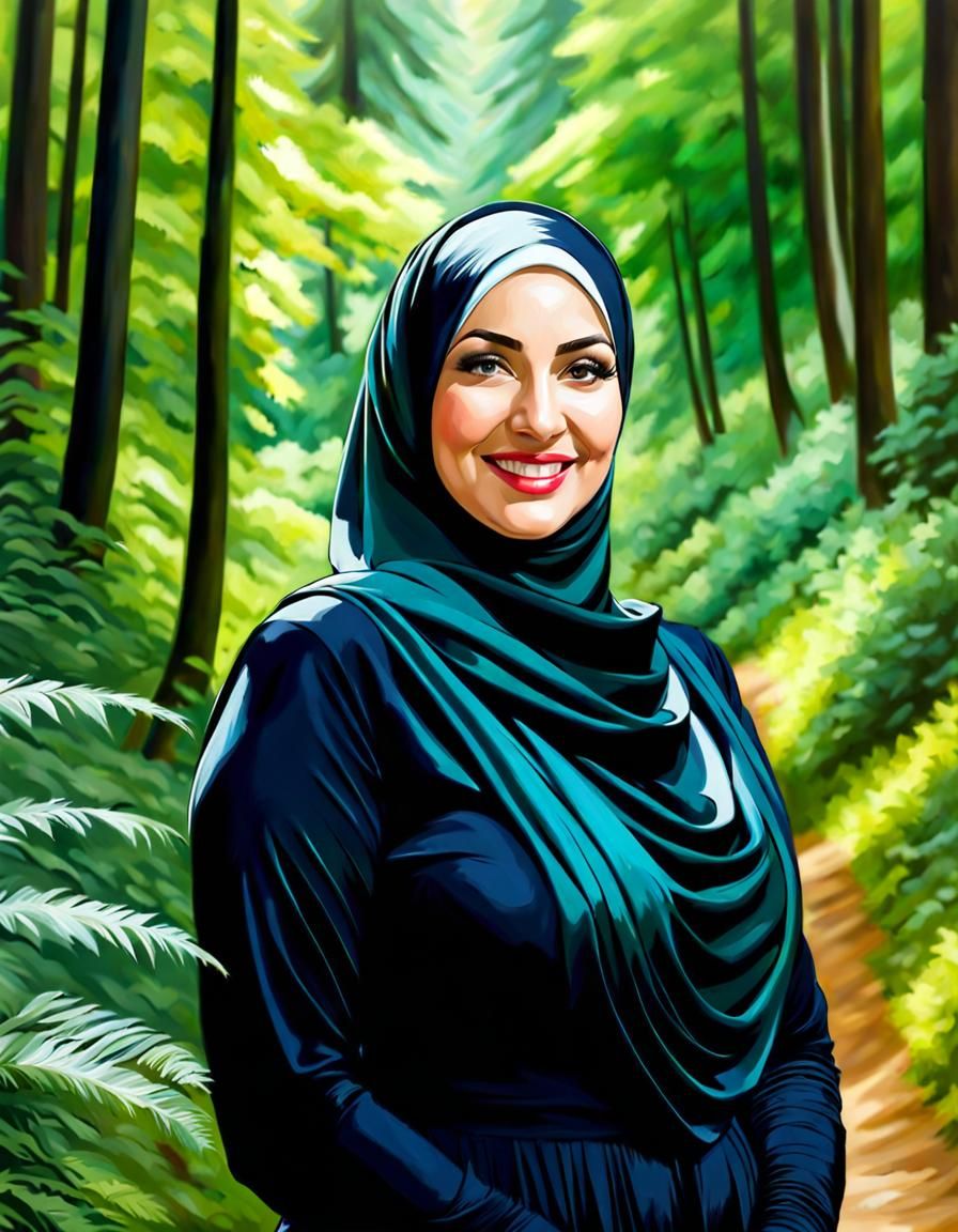 Elegant Hijabi Woman in Lush Forest Oil Painting