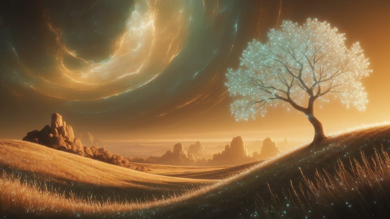 Ethereal Utopia Landscape at Golden Sunset