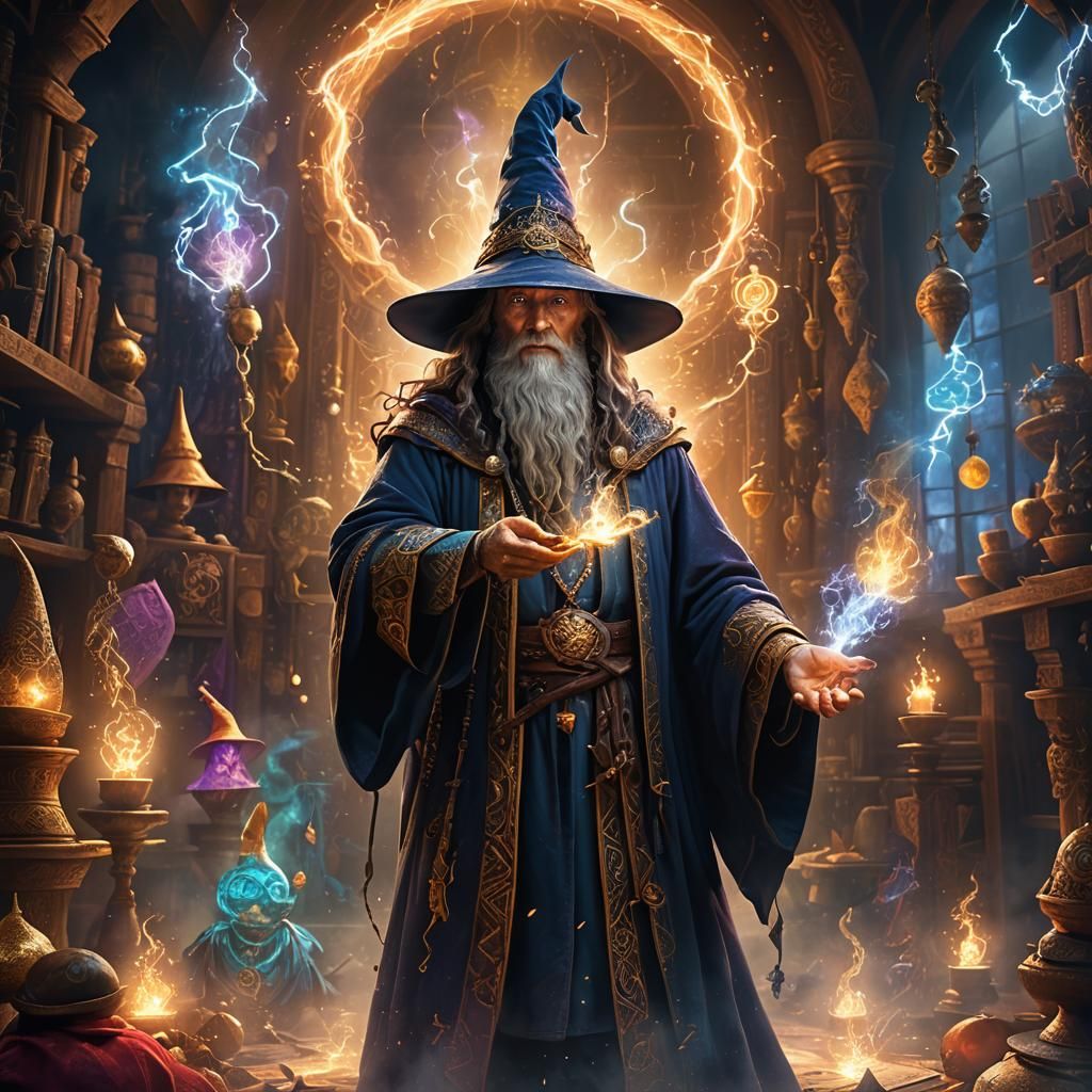 Mystical Wizard Surrounded by Magical Hats