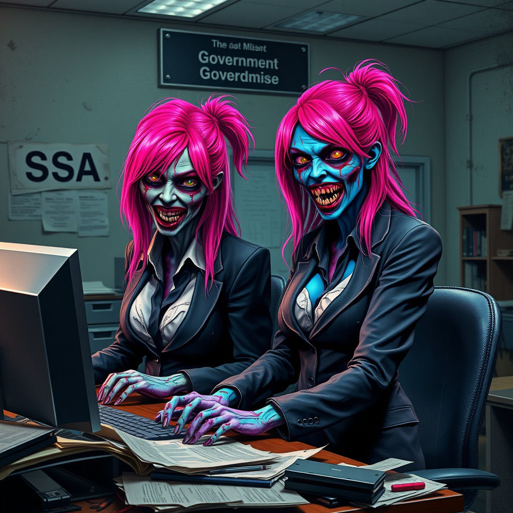 Colorful Zombie Women Work in Ravaged Office