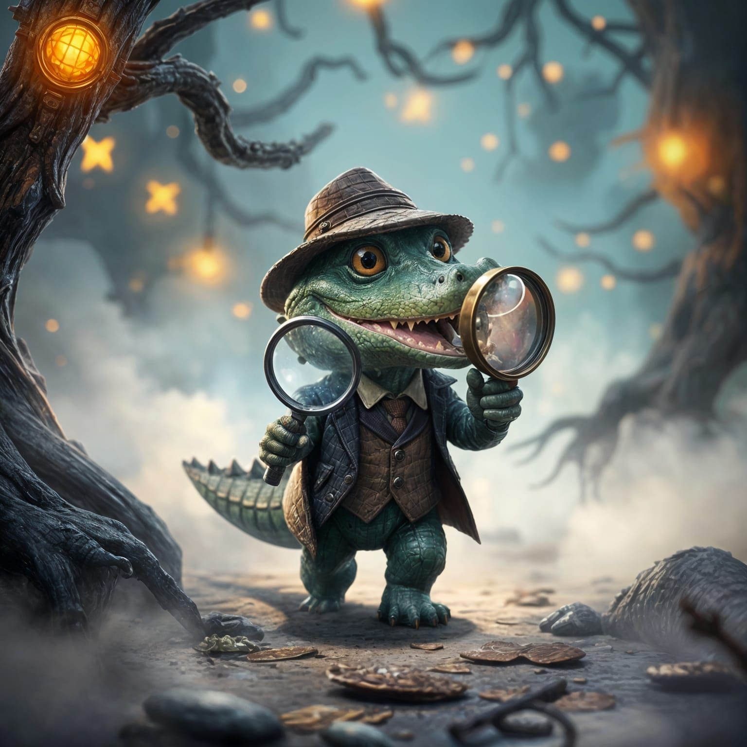 Chibi Alligator Detective in Detailed Fantasy Art