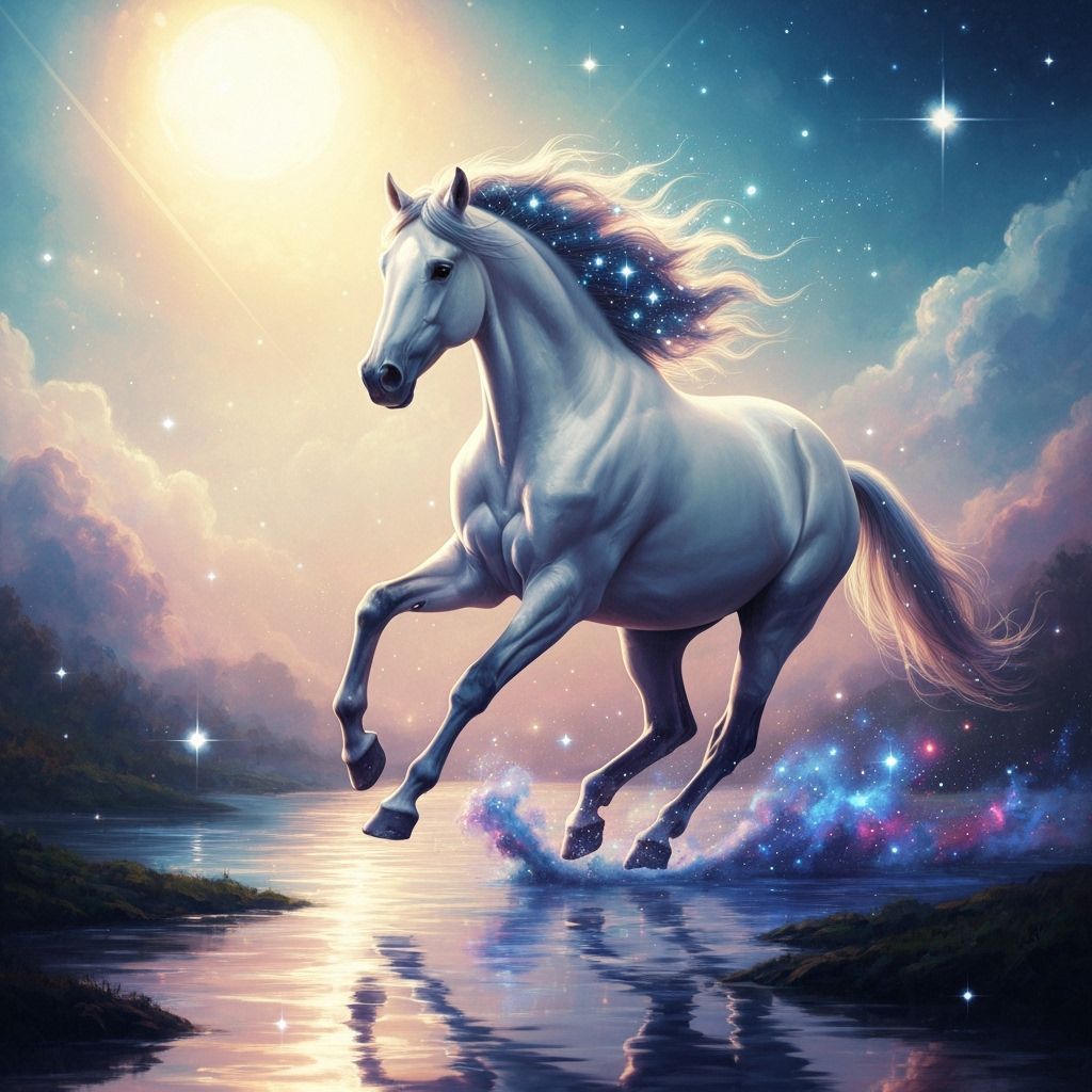 White Horse Galloping Through Celestial River in Magical Rea...