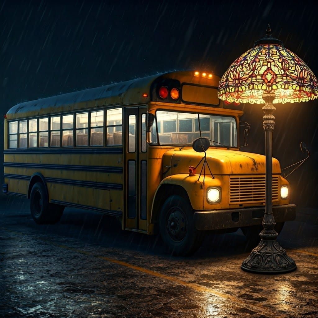 Surreal School Bus Illuminated by Tiffany Lamp