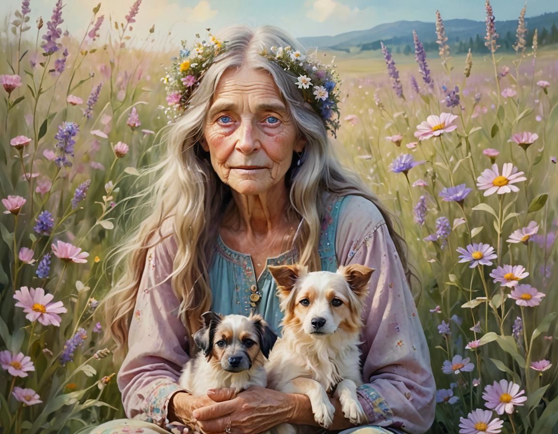 Serene Hippy Woman in Wildflower Field: Digital Painting